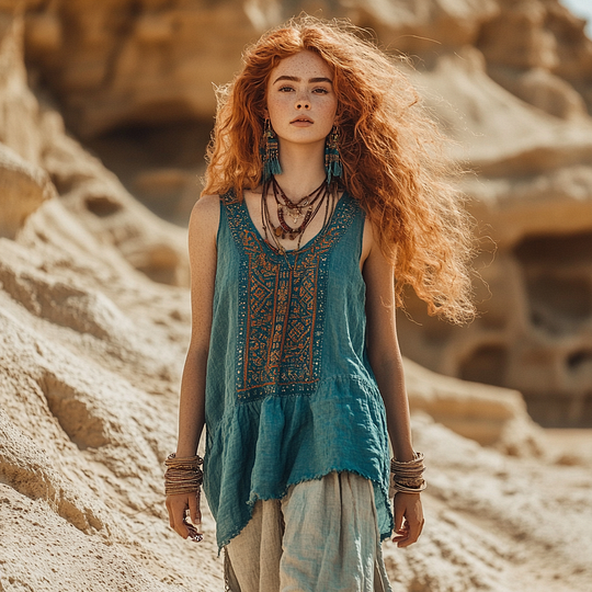 Women's Retro Bohemia Floral Ethnic Style Linen V-neek Sleeveless Top