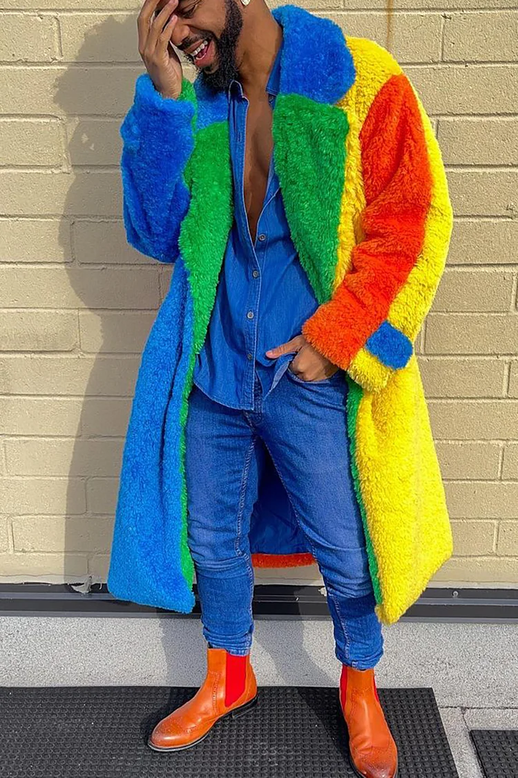 Ciciful Rainbow Colorblock Fuzzy Faux Fur Turndown Collar Festival Coat