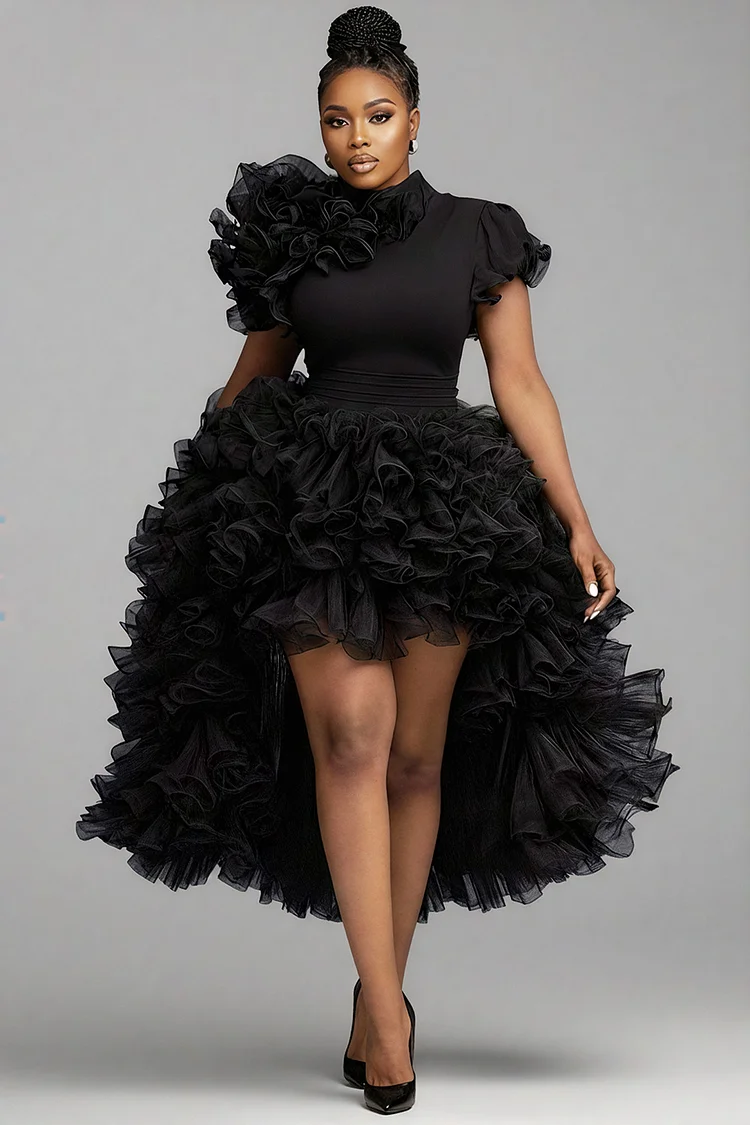 Xpluswear Design Plus Size Wedding Black Mock Neck Short Sleeve High Low Hem Ruffle Tulle Midi Dresses [Pre-Order] 2024 - Xpluswear