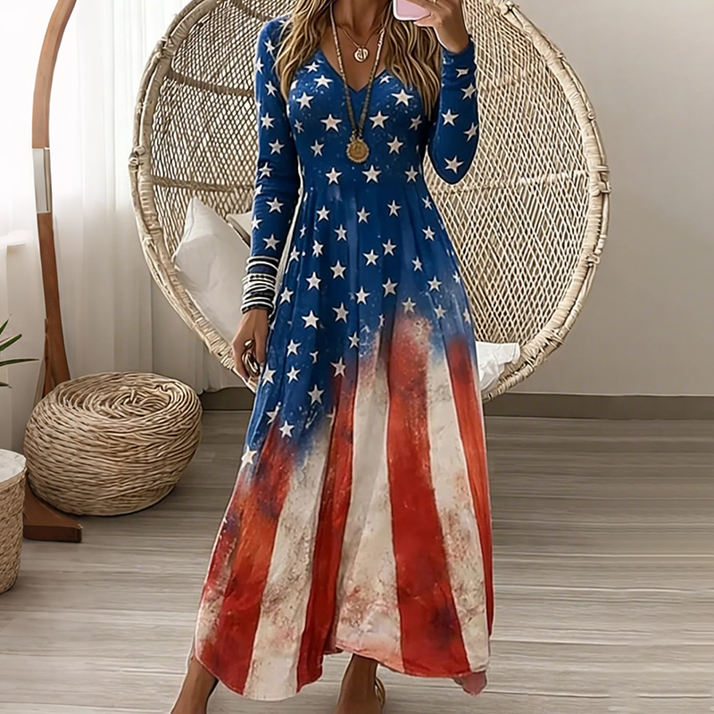  Women's Star Stripe Design V-neck Long Sleeve A-line Dress Westsshops