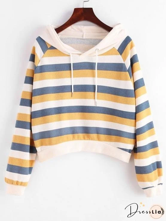 Stripes Raglan Sleeve Ribbed Hoodie for Women