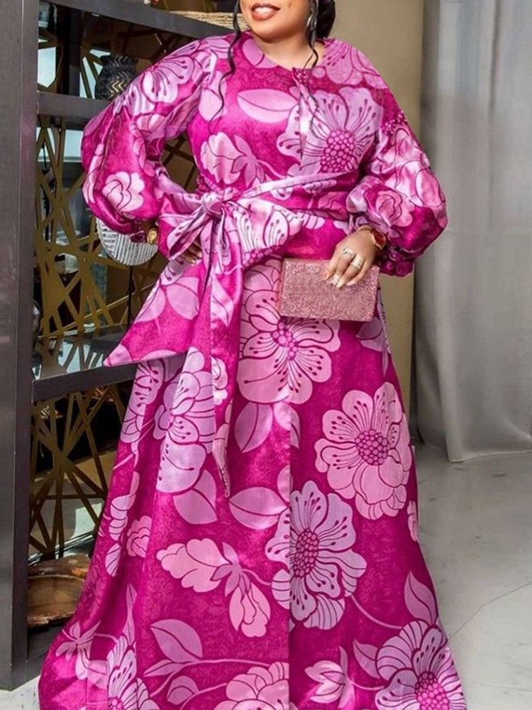 Printed round neck, long sleeves, lantern sleeves, A-line women's dress SKUI84864 QueenFunky