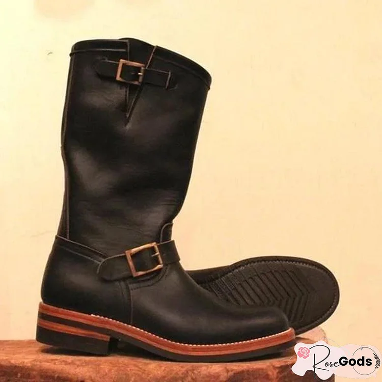 Men's Handmade Retro Leather Buckle High Top Boots