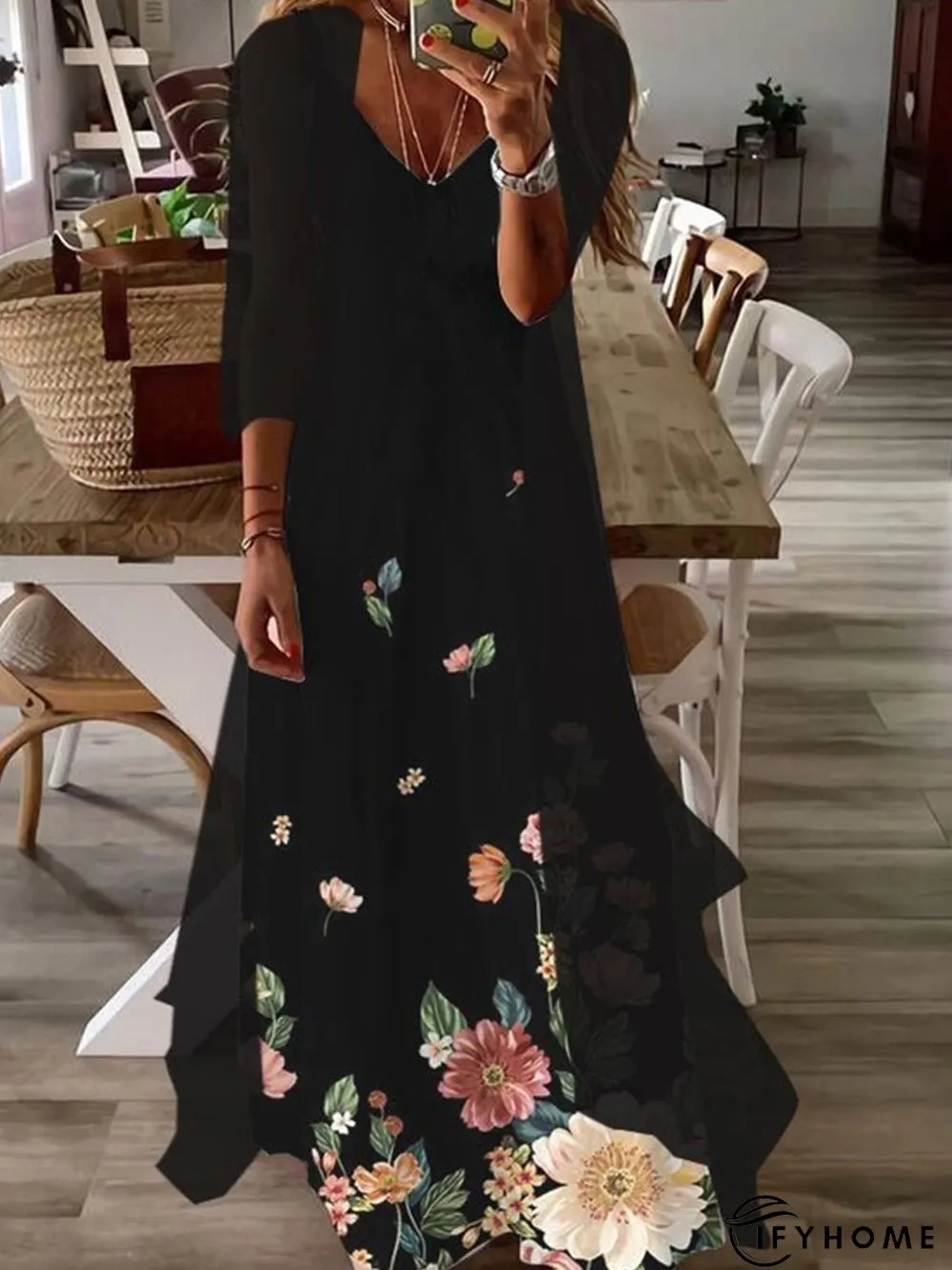 Two Pieces Floral Casual V Neck Short Sleeve Knit Dress | IFYHOME