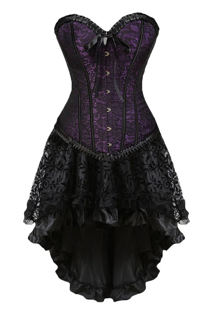 Gothic Plus Size Purple Party Lace Ruffle Lace Up Corset Irregular Hem Midi Dress