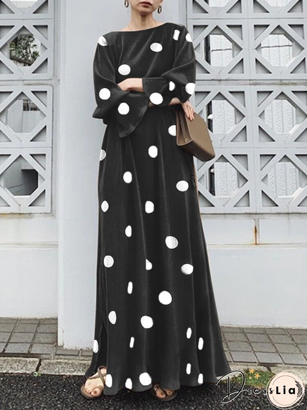 Dot Print Slit Hem Long Bell Sleeve Maxi Dress