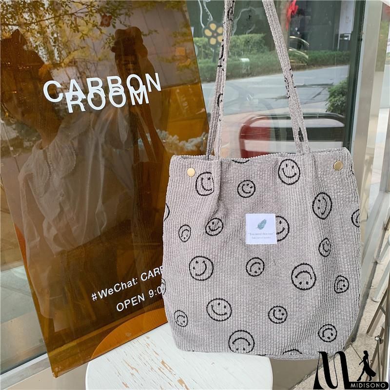 MidiSono - Women Large Smiley Corduroy Shoulder Tote Bag