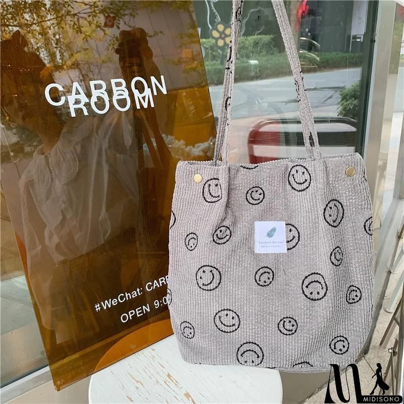 MidiSono - Women Large Smiley Corduroy Shoulder Tote Bag