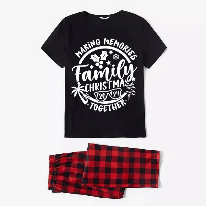 Christmas Make Memories Together 2024 Print Black Short Sleeve with Red & Black Plaid Pant Family Matching Pajamas