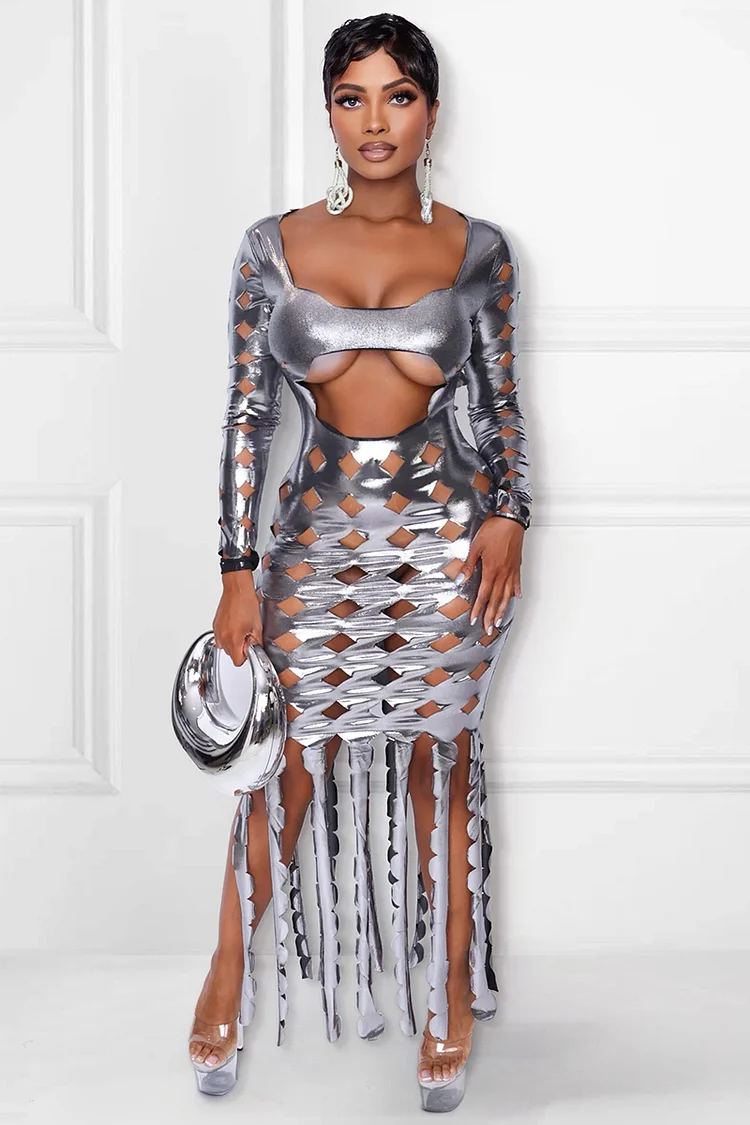 Hollow Out Sheen Metallic Finish Cut Out Fringed Hem Bodycon Party Mini Dresses-Silver