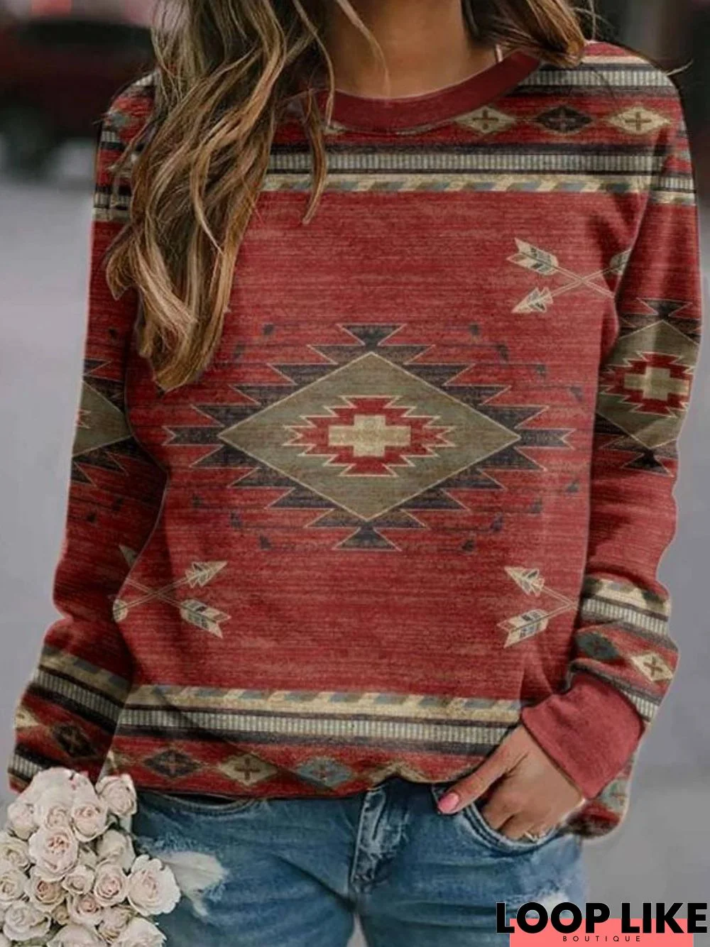 Printed Long Sleeve Round Neck Top