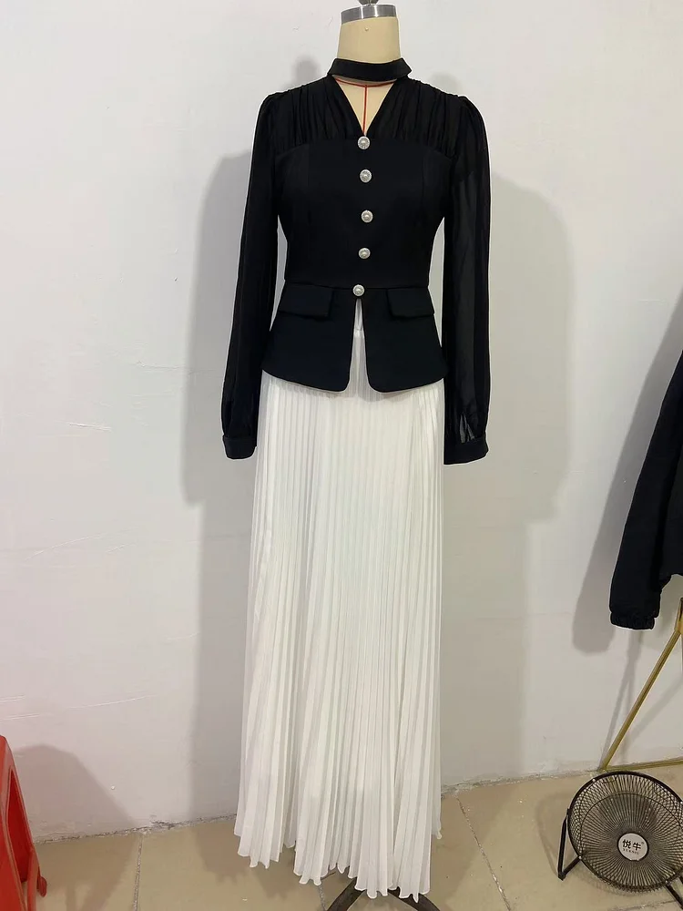 Pleated Suit Button Mesh Stitching Long Dress Gift Set