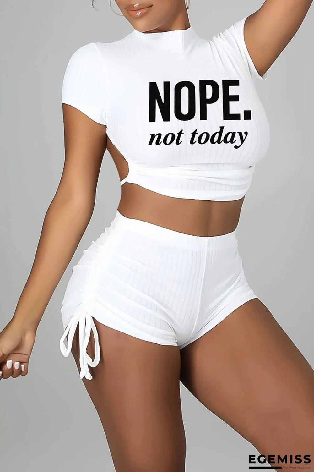 White Sexy Print Bandage Patchwork Backless O Neck Short Sleeve Two Pieces | EGEMISS