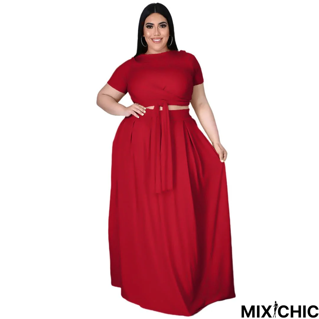 Lady Fashion Plus Size Women Solid Color Cross Lace-up Large Swing Two-piece Skirt