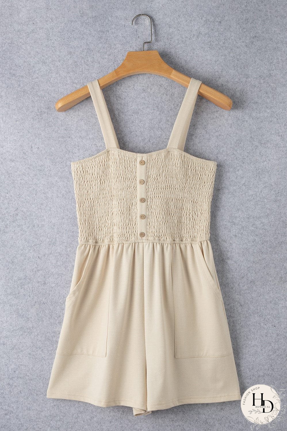 Beige Smocked Button Detail Sleeveless Romper