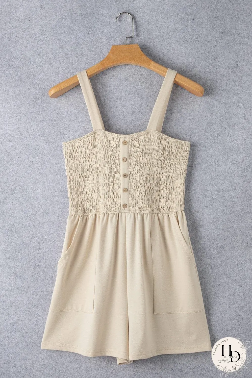 Beige Smocked Button Detail Sleeveless Romper