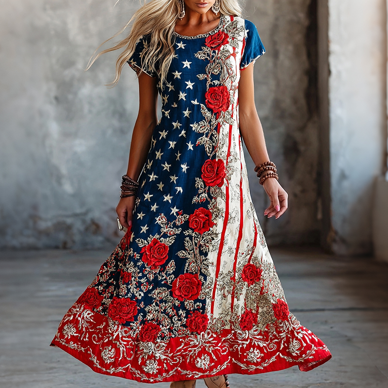  Independence Day Floral Flag Art Flowy Linen Maxi Dress Westsshops
