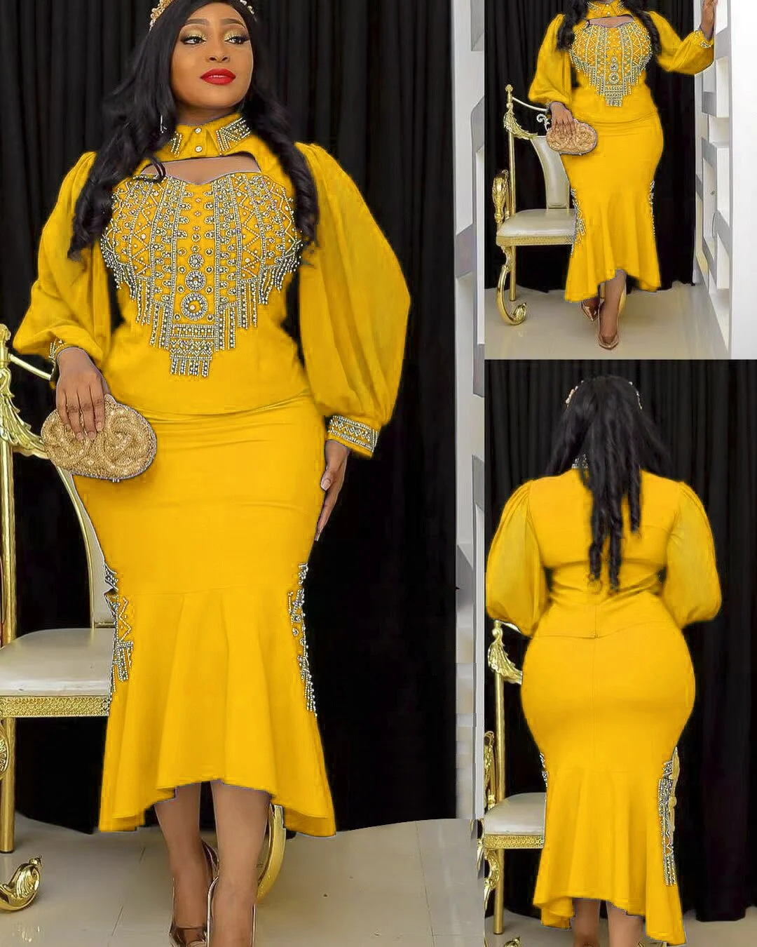 Colourp Plus Size African Clothes for Women 2022 New Dashiki Diamond Tops And Skirts Suits Elegant Turkish Wedding Party Dresses Outfit