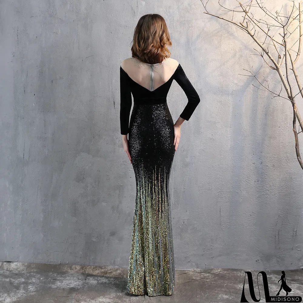 MidiSono - Formal Long Sleeve Patch Velvet Sequins Mermaid Evening Dress