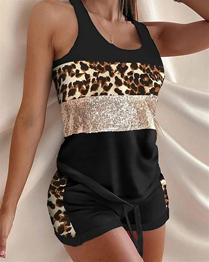 Swimleaf Women's Leopard print Vest Shorts 2 Piece Ladies Casual Shorts Vest Pajamas Set
