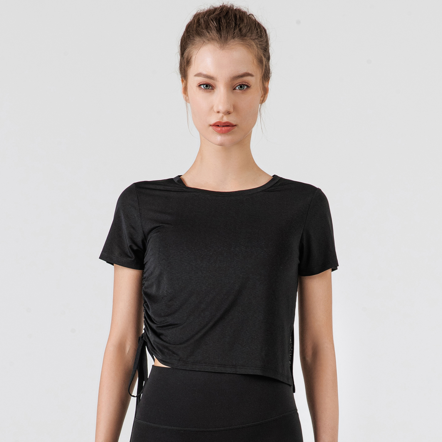 Shop short sleeve round neck see through side drawstring running t shirts for women online on Hergymclothing Black