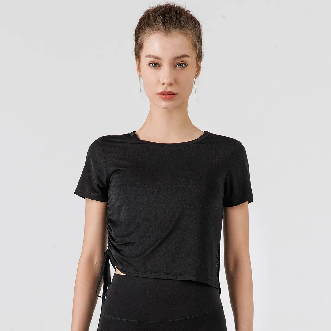 Shop short sleeve round neck see through side drawstring running t shirts for women online on Hergymclothing Black