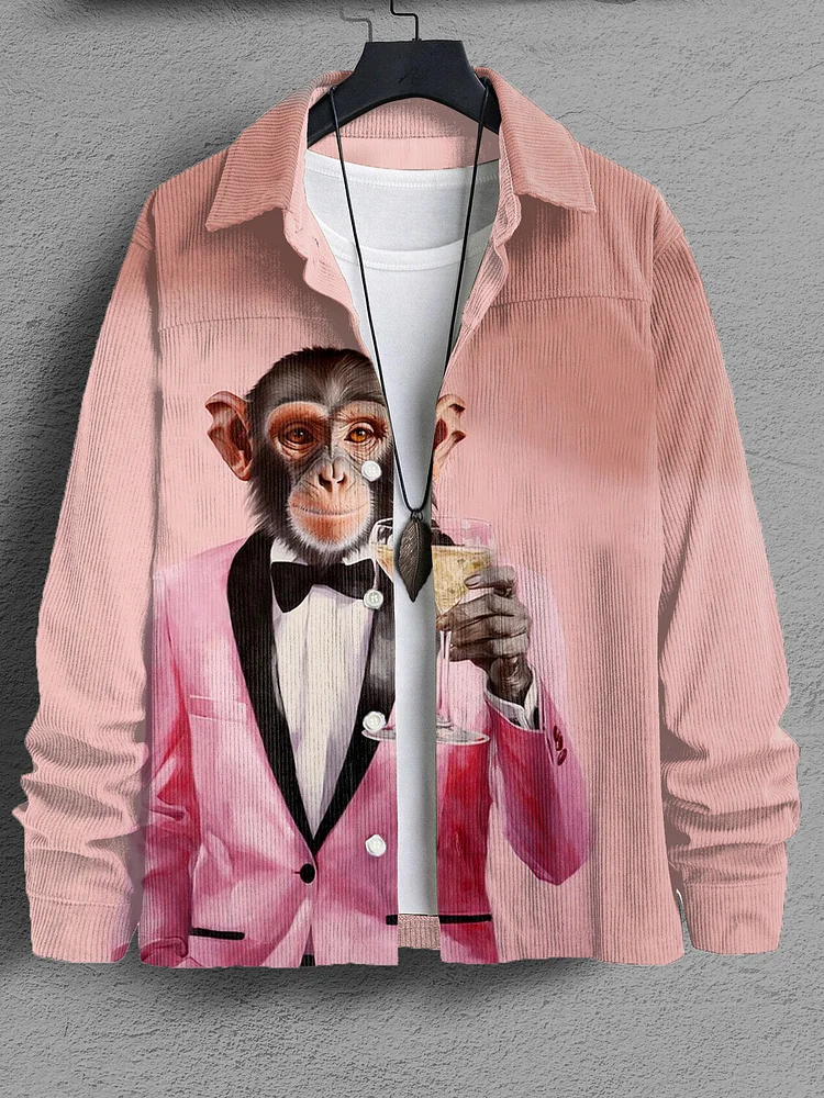 Men's Fun Monkey Gentleman Drinking Oil Painting Print Corduroy Long Sleeve Shirt