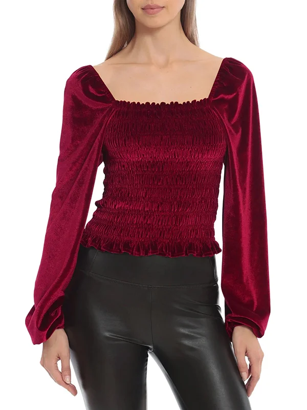 Elasticity Solid Color Velvet Long Sleeves Loose Square-Neck T-Shirts Tops