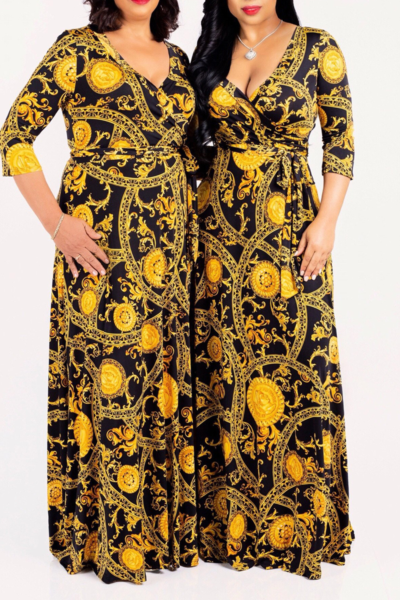 Gold Sexy Print Split Joint V Neck Waist Skirt Dresses