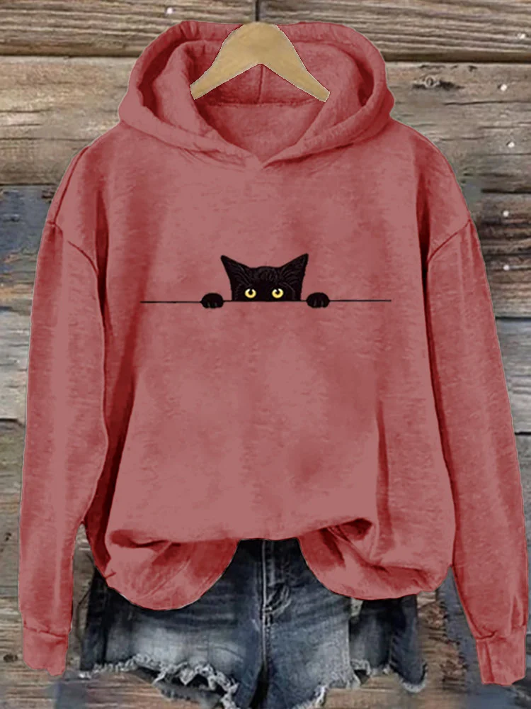 VChics Women's Casual Funny Black Cat Print Hoodie