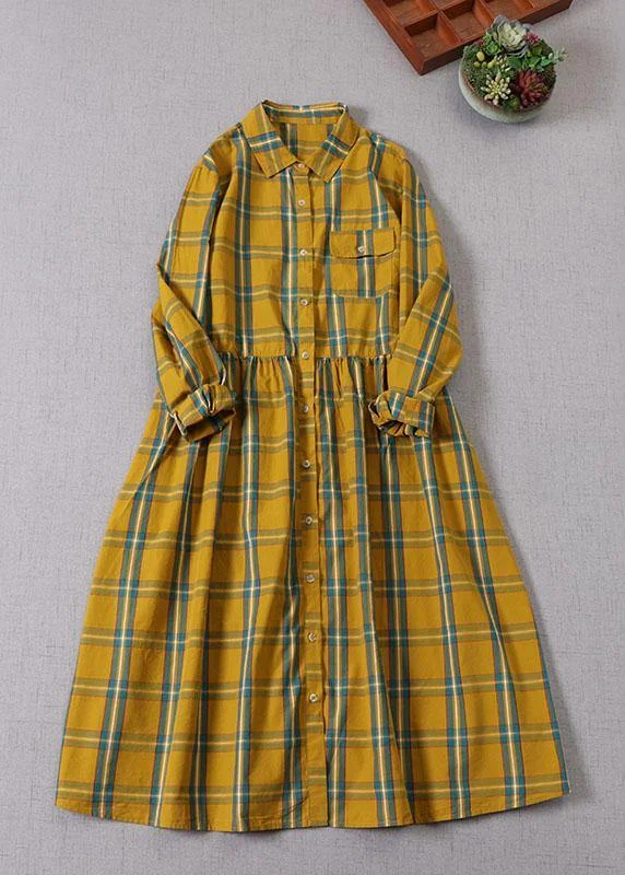 Boho Yellow Green Plaid Pockets ButtonTie Waist Fall Wrinkled Maxi Dress Long Sleeve