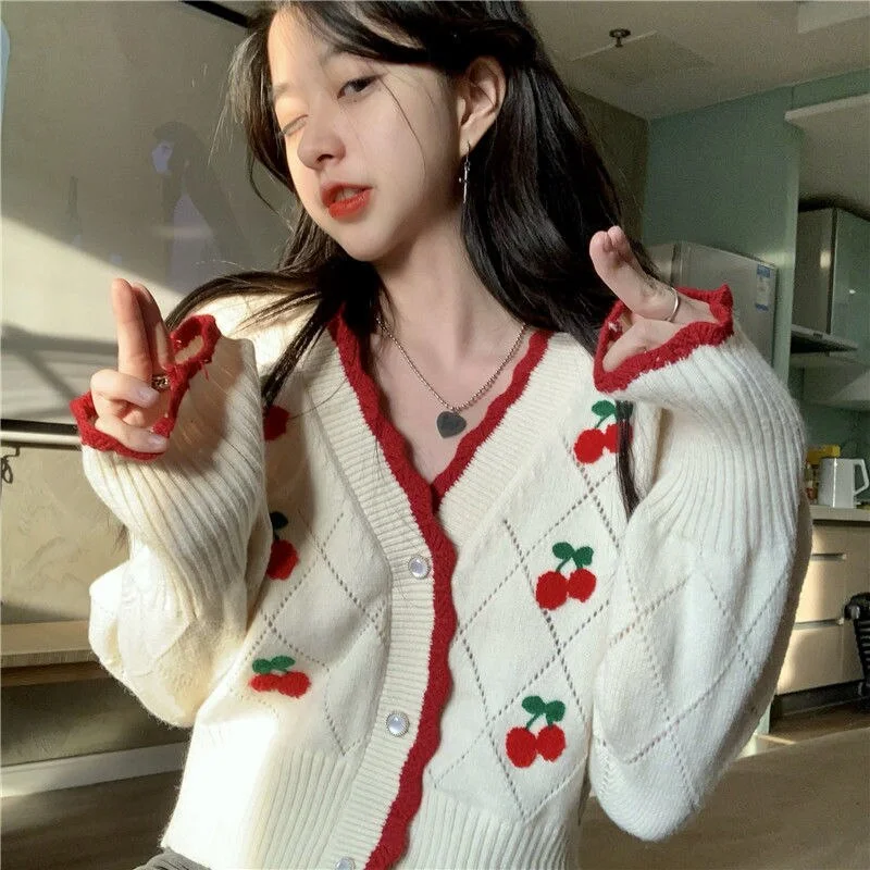 Cardigan Women Vintage Female V-neck Lovely Cartoon Pattern Preppy Style Knitting Outerwear Sweet Long Sleeve Spring Autumn Chic