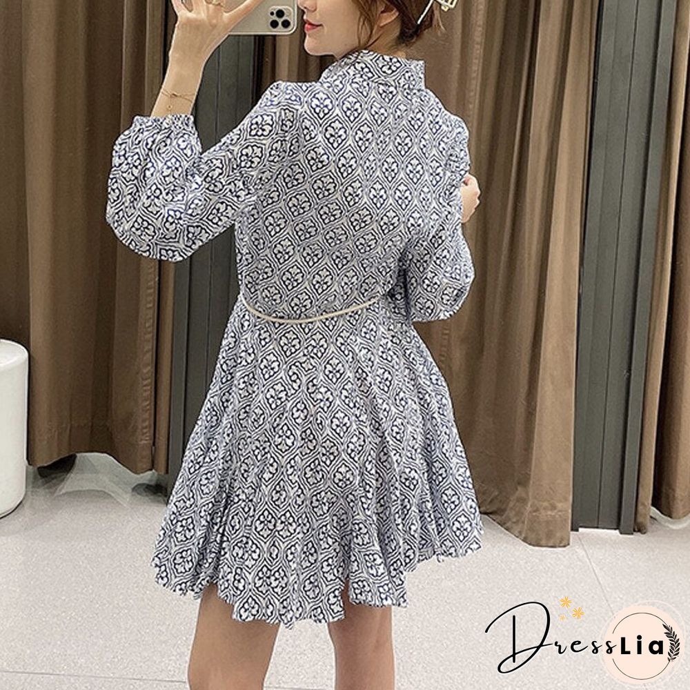 Spring Autumn Women Vintage Print Shirt Dress Casual Lace Up Long Sleeve Elegant A-Line Mini Party Dresses Ladies Vestidos