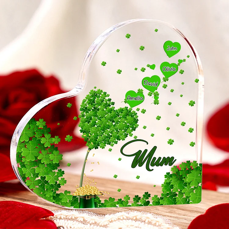 4 Names-Personalized Mum Lucky Clover Acrylic Heart Keepsake Custom Text Acrylic Plaque Ornaments Gifts Set With Gift Box for Nan/Mother-St Patrick's Day