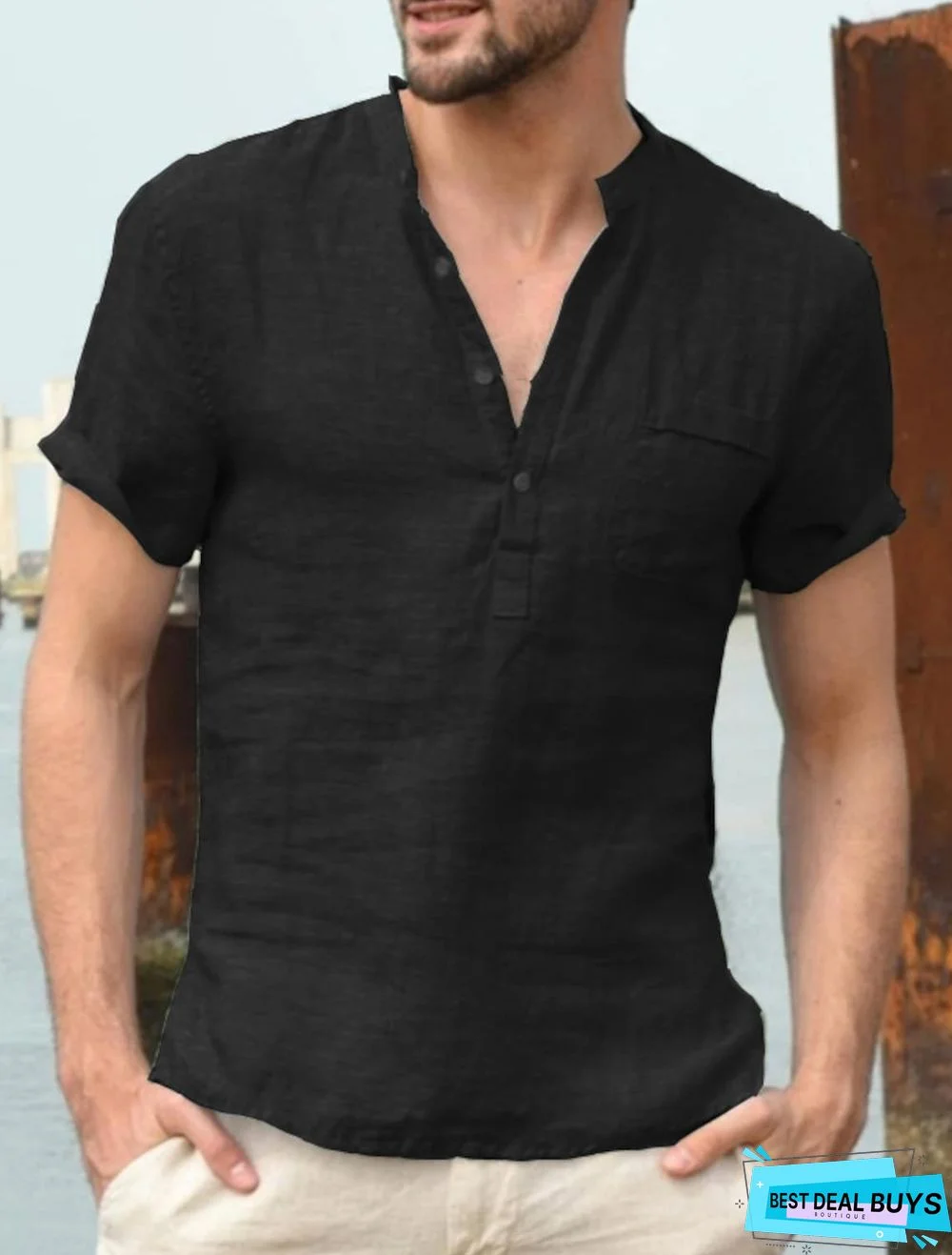 Men's T-Shirt Solid Colored Short Sleeve Daily Tops Cotton Basic Streetwear V Neck Gray Green White / Work Linen