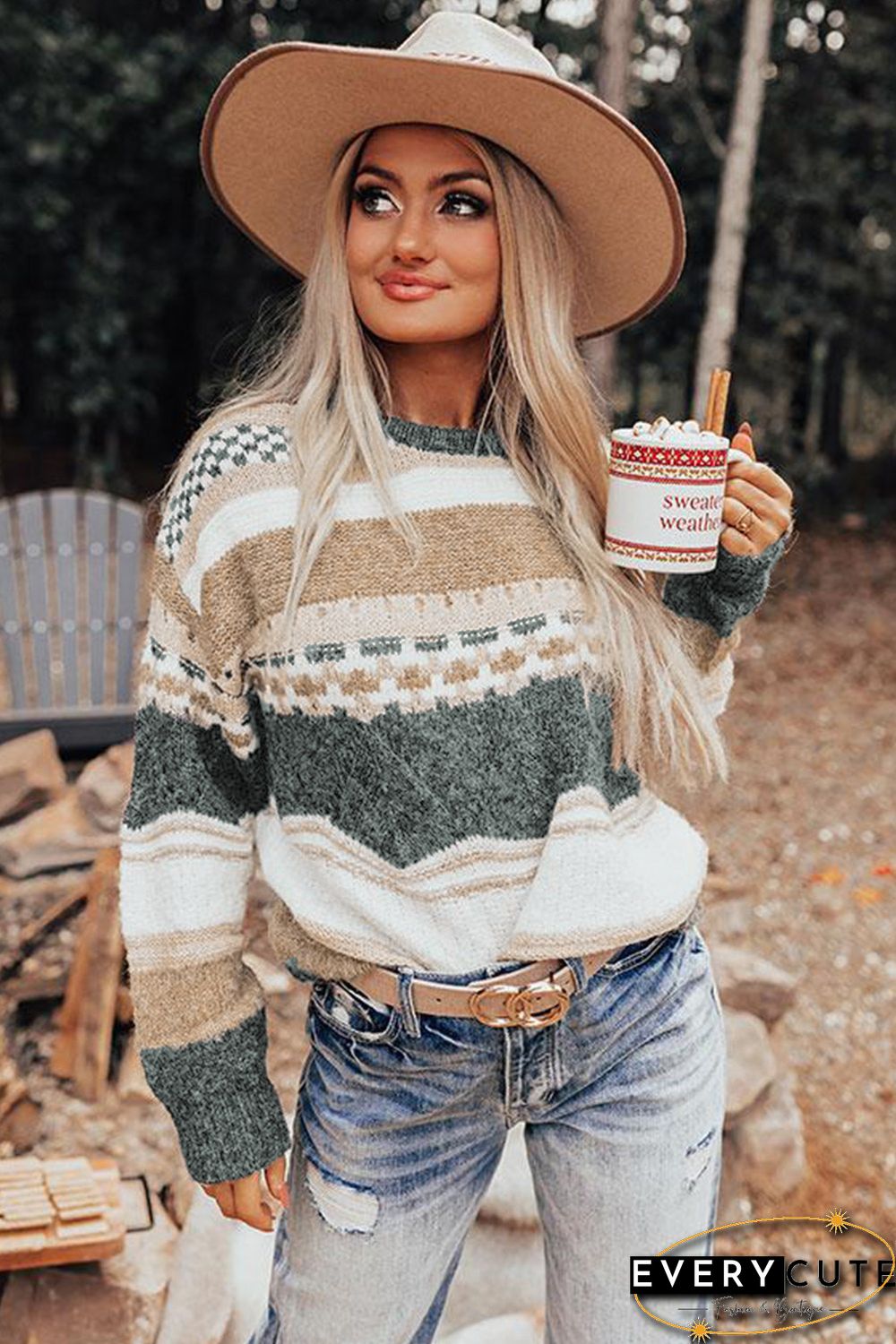 Khaki Chunky Striped Knit Sweater