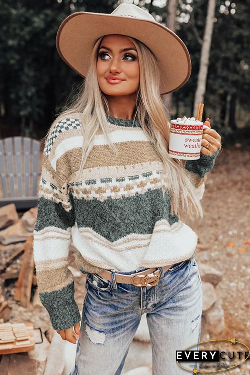 Khaki Chunky Striped Knit Sweater