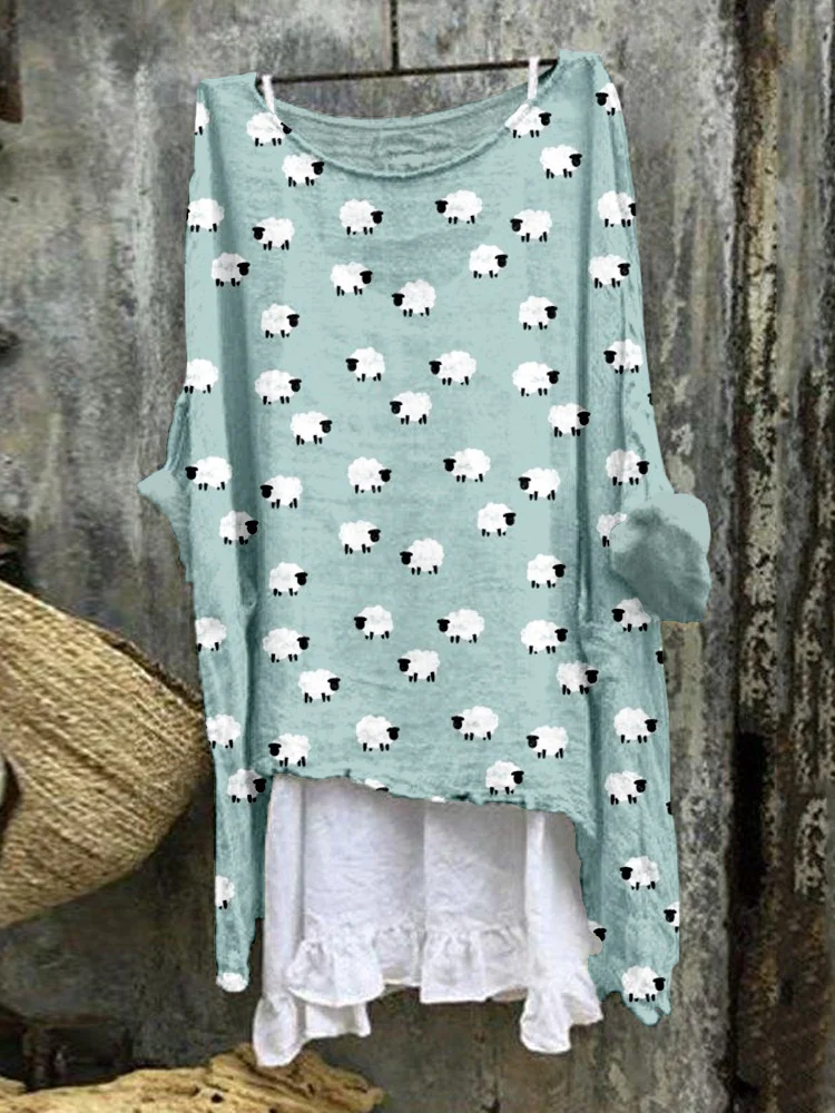 Cute Cartoon Sheep Graphic Linen Blend Flowy Tunic