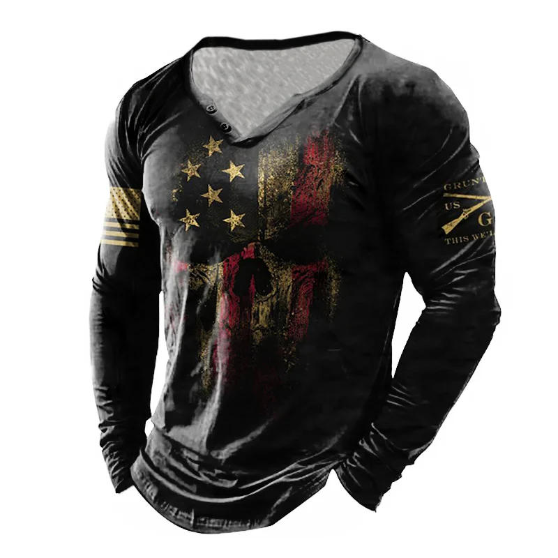 Men's Outdoor Flag Spartan Warrior Print Long Sleeve Henry Shirt / [viawink] /