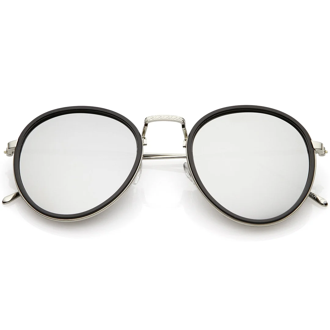Modern Round glasses Engraved Slim Metal Arms  Color Mirrored Flat Lens 51mm