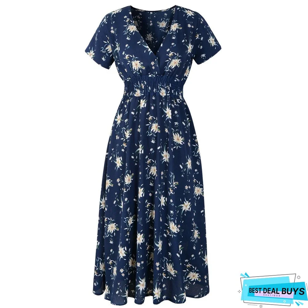 Printed V-Neck Short Sleeve Dress