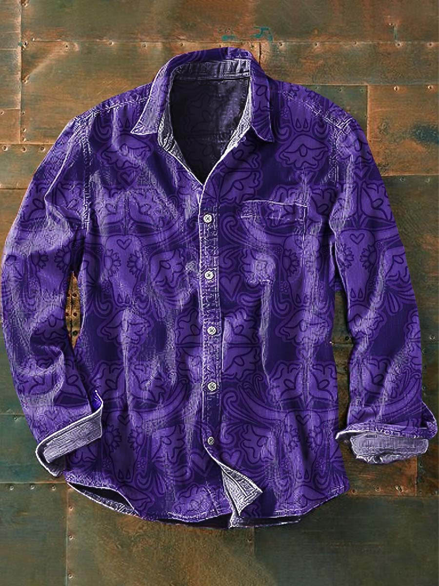 Men's Western Pattern Cow Print Casual Lapel Long Sleeve Shirt