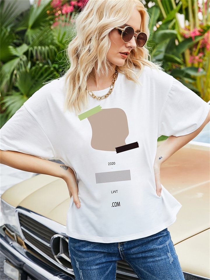 Summer New Comfortable Simple T-shirt Fashion Printing Imitation Cotton Women's White Round Neck Short-sleeved Casual T-shirt -vasmok