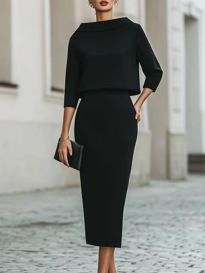 Boat Neck Top And Midi Skirt Set