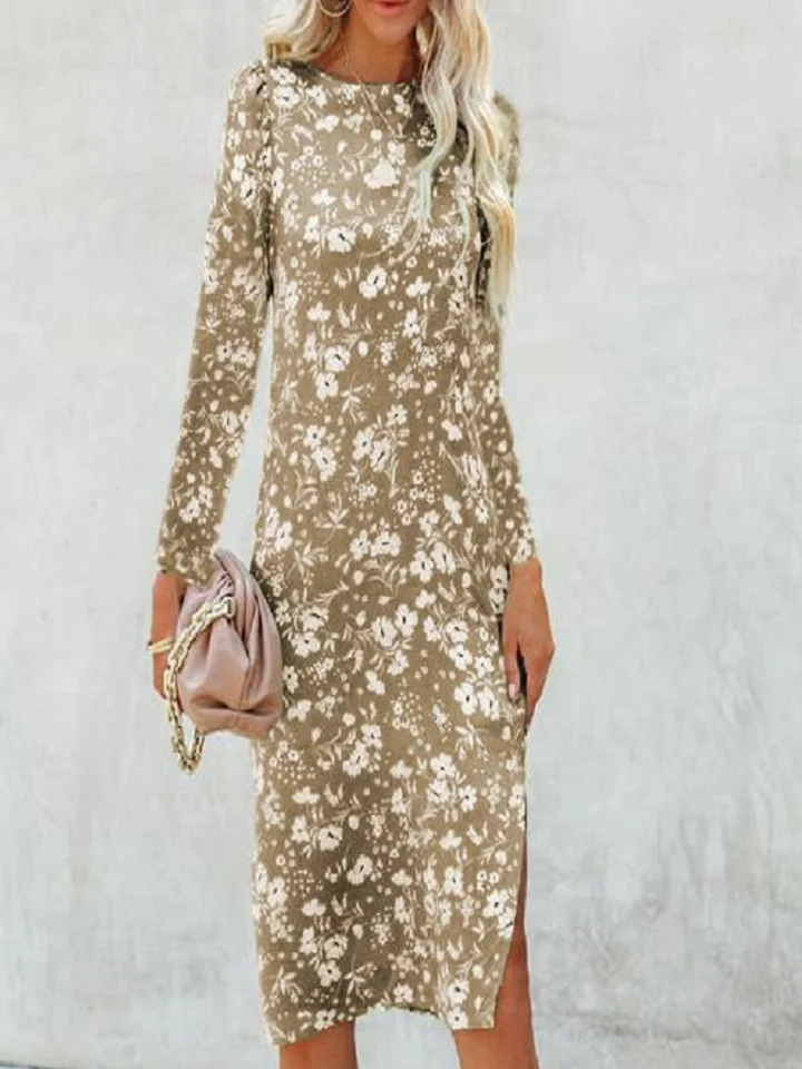 Floral Dress Long Sleeve Hem Split Dress
