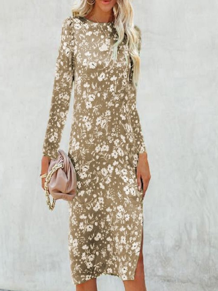 Floral Dress Long Sleeve Hem Split Dress