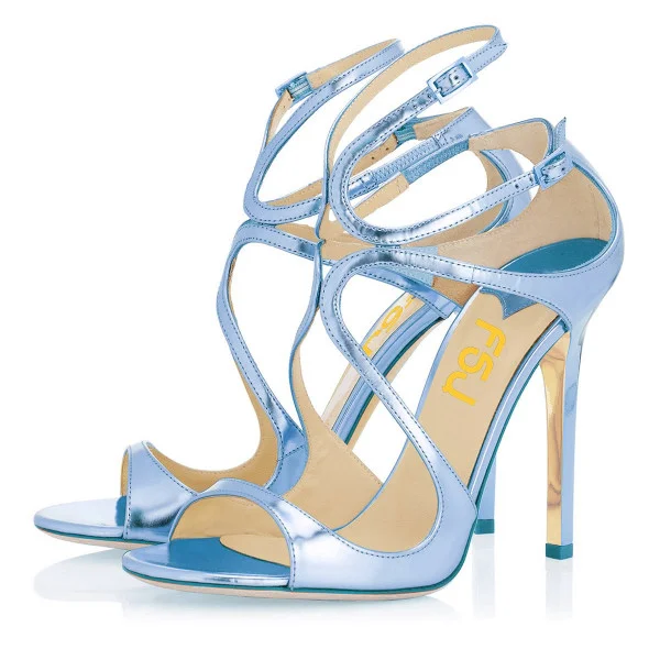 Women's Blue Strappy Stiletto Heels Dress Shoes Open Toe Ankle Strap Sandals For Prom |FSJ Shoes