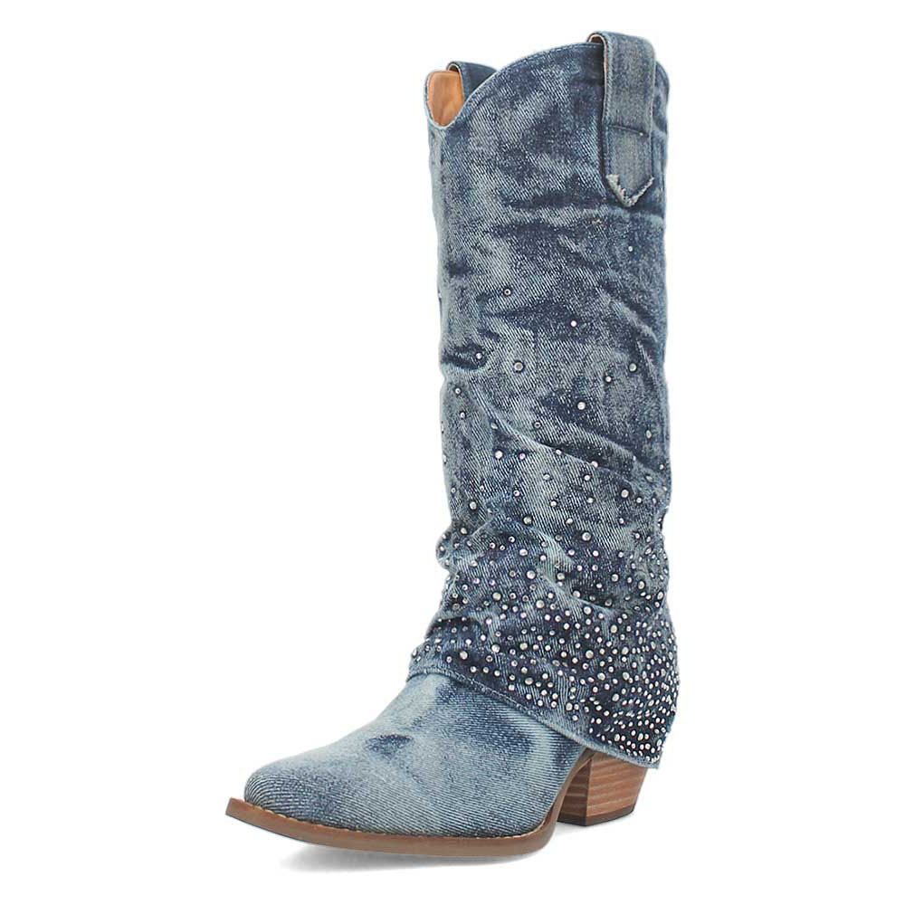 Blue Denim Almond Toe Chunky Heel Rhinestone Embellished Cowgirl Boots