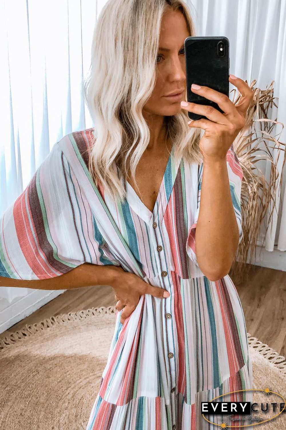 Serape Striped V Neck Buttoned Shirt Dress