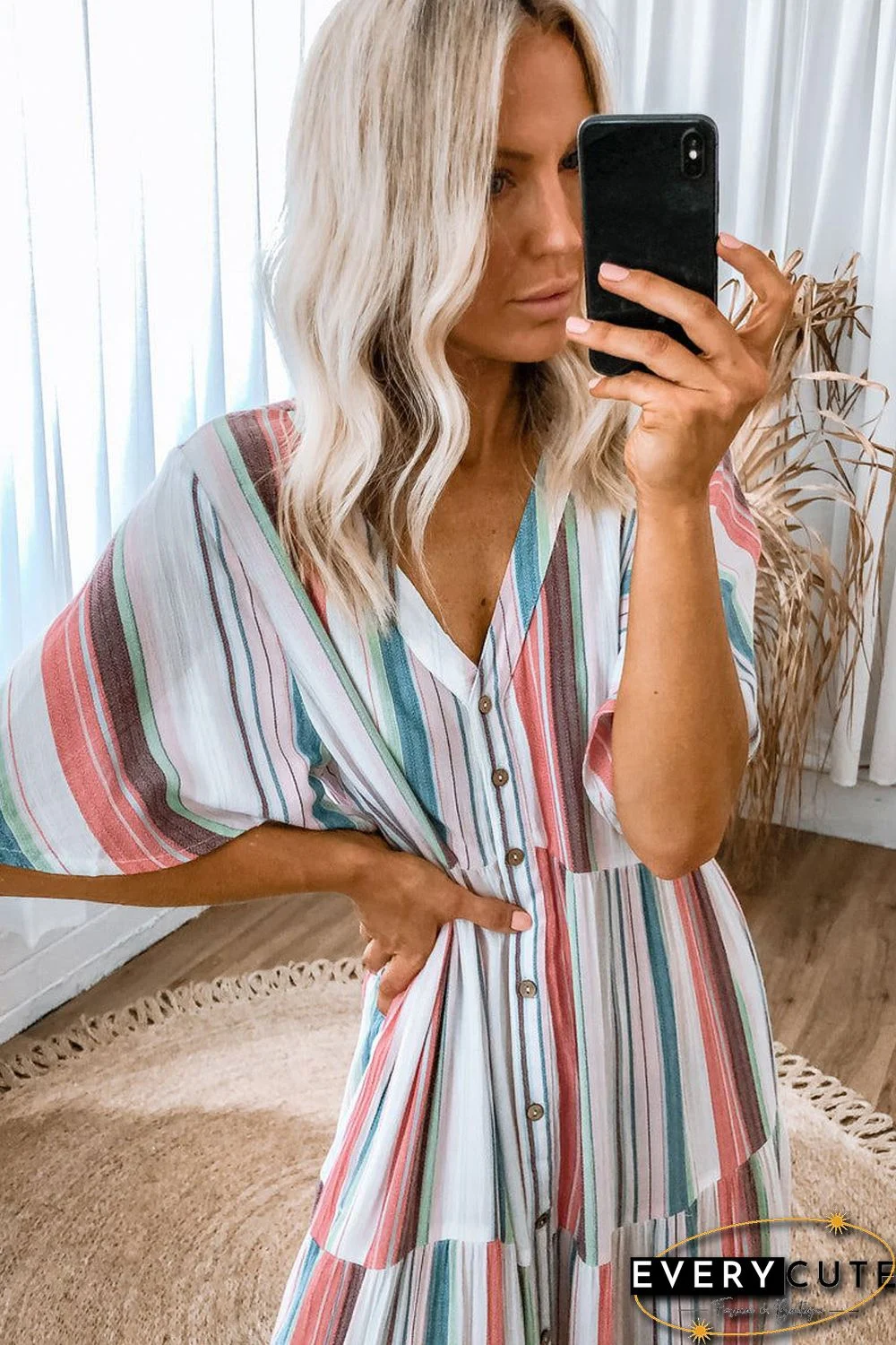 Serape Striped V Neck Buttoned Shirt Dress